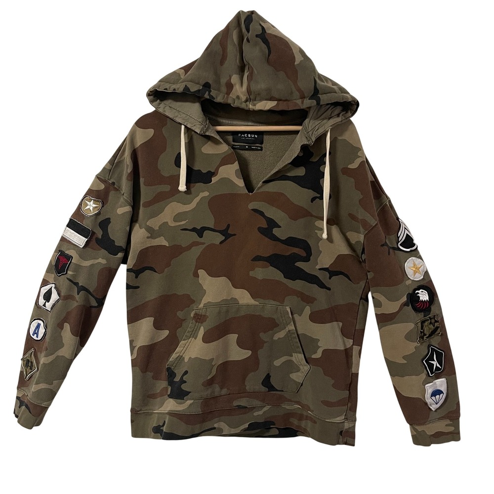 PacSun Mens Camo Boxy Fit Hoodie V-Neck Military Patch Sweatshirt Green Brown‎ M
